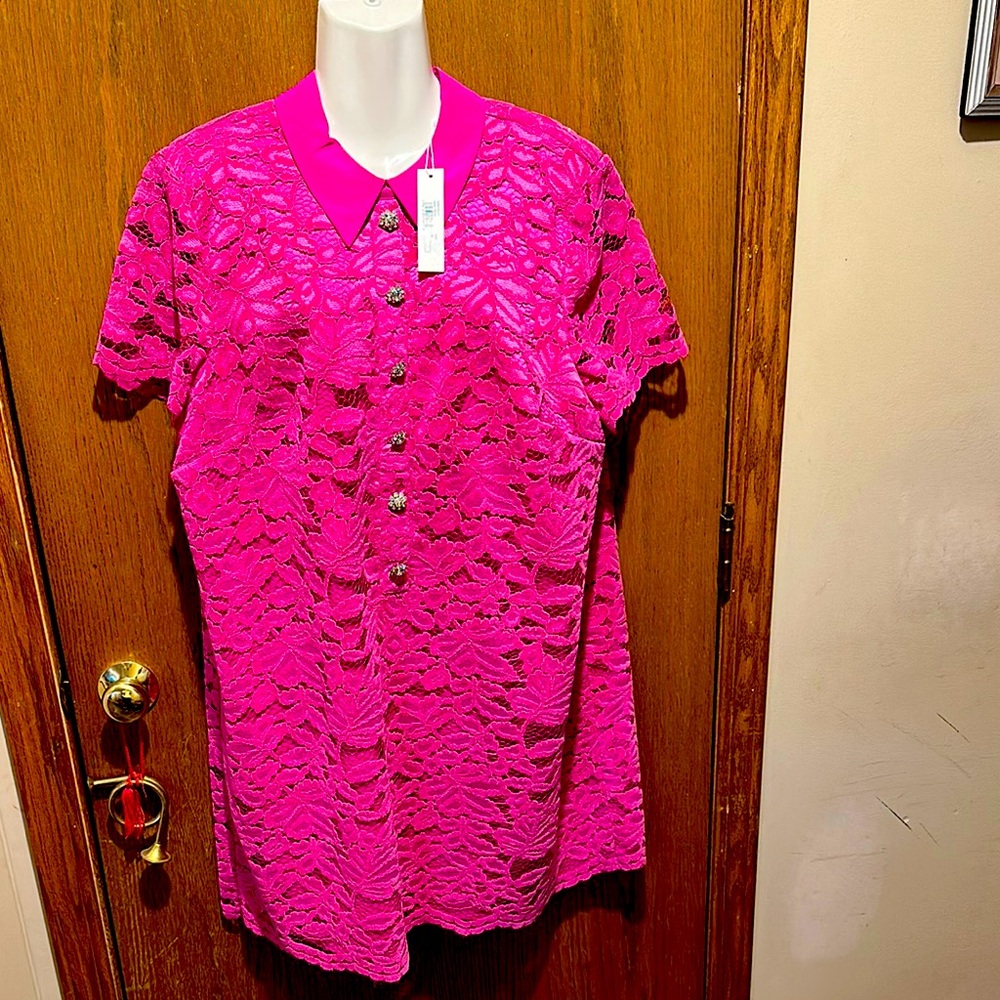 Trina Turk Pink Button Down Blouse Peter Pan Collar 16 plus size new with tags